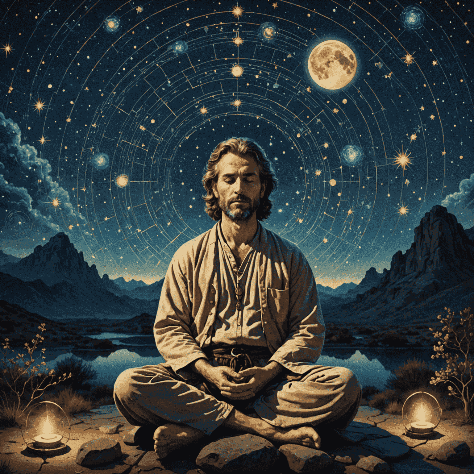 Yıldızlı bir gece gökyüzü altında meditasyon yapan bir astrolog. Arka planda burç sembolleri ve gezegen görüntüleri yer alıyor.