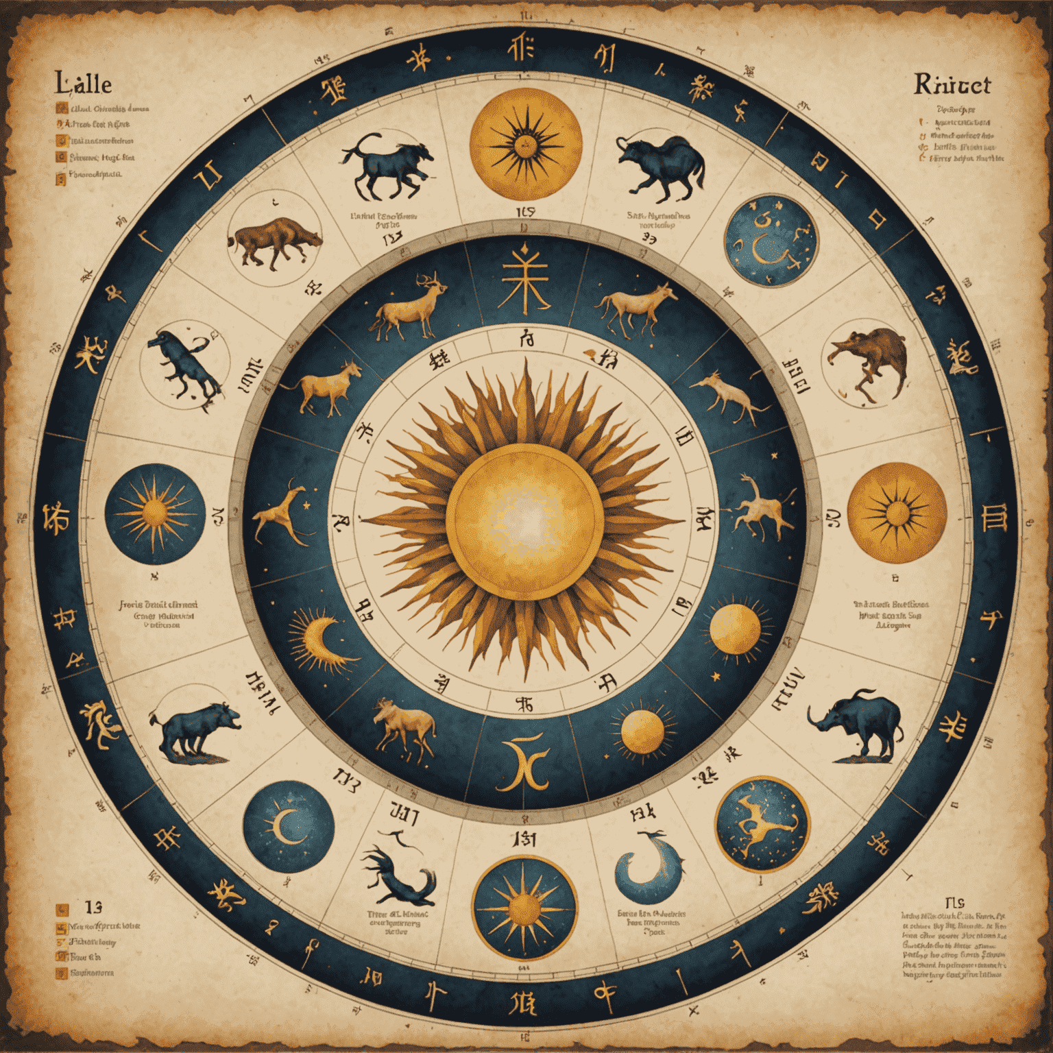 Yükselen burç çarkı: 12 burç sembolü içeren dairesel bir grafik, merkezde doğan güneş sembolü